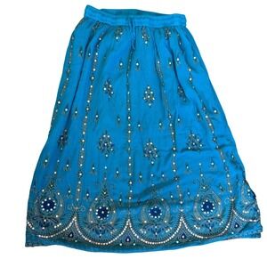 Cassee Womens XL Turquoise Blue Embroidered Sequin Rayon Maxi Skirt Boho India